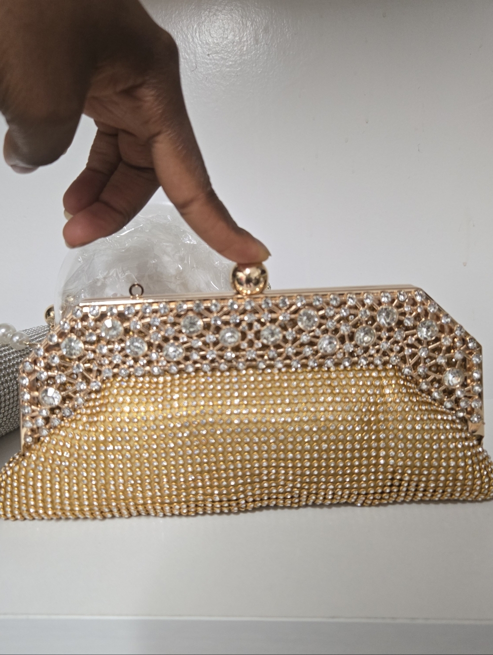 Gold Crystal Mesh Evening Clutch with Jeweled Frame